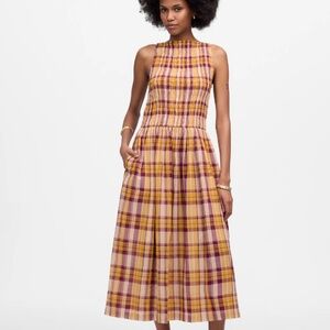 Madewell Smocked Boatneck  Maxi Dress in Plaid Seersucker